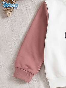 Disney Authorized Baby Girls Sweatshirt Set, Spring/Autumn, Soft Dusty Rose Colorblock Patchwork Minimalist Korean Style, Slightly Loose Raglan Sleeve Crew Neck Sweatshirt With Draped Tapered Leg Pants, Fits Girls Under 3 Years Old, Versatile For Daily Wear, Casual Outings, Vacations, Gatherings And Parties - Coral Orange - View 4