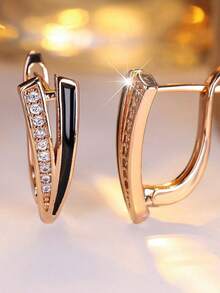 Minimalist Black Enamel Zirconia Earrings, Gold-Plated Double Curved Clip-On Earrings, Elegant Office Daily Wear Women's Anniversary Jewelry - Champagne Gold - View 2