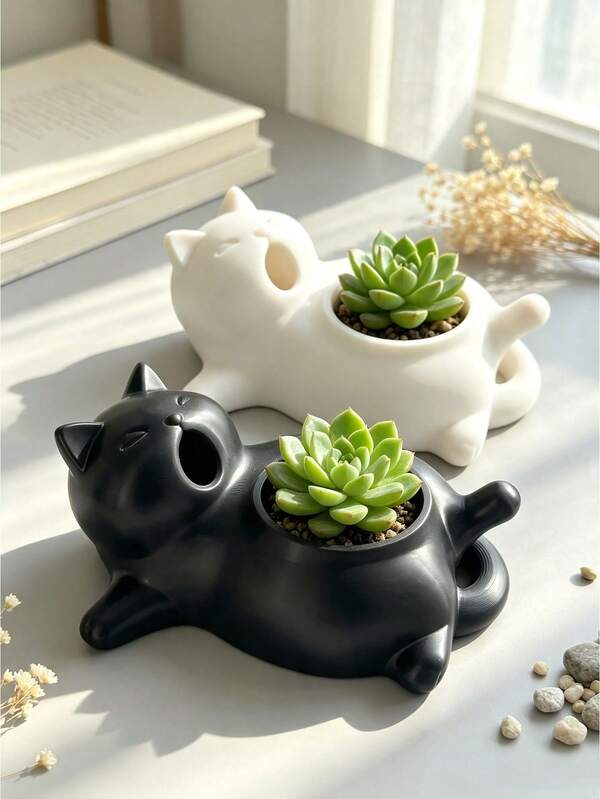 1/2pcs Cute Cat Shaped Succulent Planter, Creative Animal Pattern Mini Flower Pot, Decorative Resin Plant Pot, Suitable For Cactus, Desktop, Windowsill, Home Decor