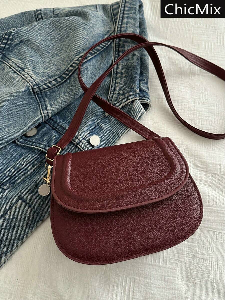 Fashion Solid Color Embossed Mini Saddle Crossbody Bag - Red - View 1