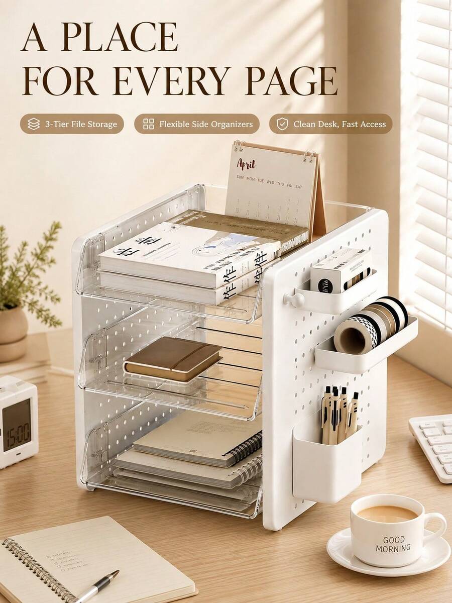 1 buah Organizer File Meja Multi-Layer, Rak Penyimpanan Dokumen Papan Berlubang yang Dapat Disesuaikan dengan Baki Tarik Transparan dan Tempat Pena Samping, Kotak Penyimpanan Alat Tulis, Buku, Perlengkapan Kantor, Cocok untuk Asrama Mahasiswa dan Kantor - MultiWarna - View 1