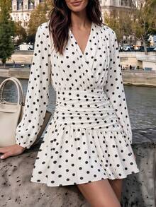 YIU Women's Fashion White Polka Dot Short Dress, Elegant Long Sleeve, Slim Fit A-Line Skirt Design, Asymmetrical Hem - Apricot - View 6