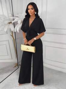 AIJ Autumn Elegant Black Knit Long Jumpsuit, Deep V-Neck Short Sleeve, Ruched Pleated Detail On Chest Summer - Fixed Black - View 2