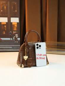 French Luxury Crocodile Embossed Shell Bag With Niche Metal Rivet Design, Shoulder Crossbody Handbag With Heart Pendant - Multicolor - View 4