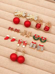 1 Set 9 Pairs Christmas Tree Bow Tie Snowman Reindeer Earrings Set For Women, Suitable For Christmas Party - Multicolor - View 3
