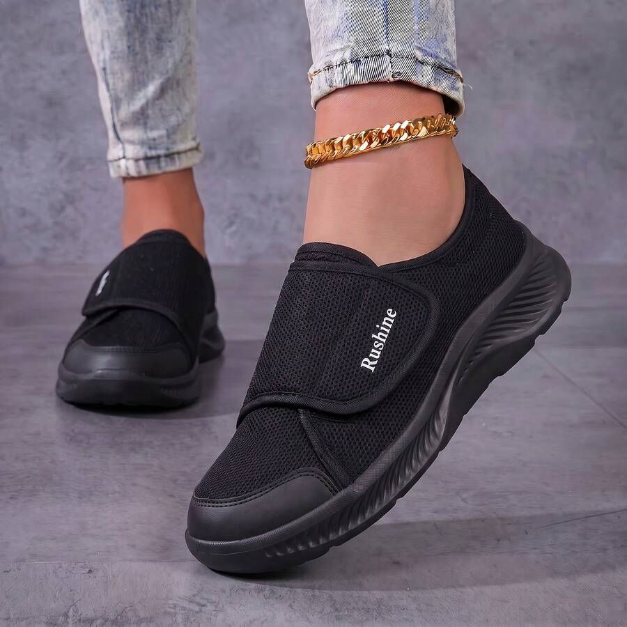 Women's Summer Breathable Mesh Hook & Loop Slip-On Loose Fit Wide Toe Box Soft Sole Lightweight Casual Sports Shoes For Elderly - Black - View 1