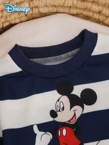 Disney 2pcs Set Autumn Baby Boy Newborn Mickey Cute Letter Cartoon Striped Print Long Sleeve Ribbed Sweatshirt Elastic Waist Royal Blue Sweatpants Slight Stretch Suitable For Baby Newborn Daily Wear Spring Gift - Royal Blue - View 3