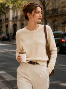 Women's French Minimalist Round Neck Knit Cardigan, Button Front Long Sleeve Soft Fluffy Lightweight Sweater, Autumn Daily Versatile Outerwear, Suitable For Coffee Street, Office Wear, Classic Round Neck Button Knit Cardigan For Autumn - Apricot - View 3
