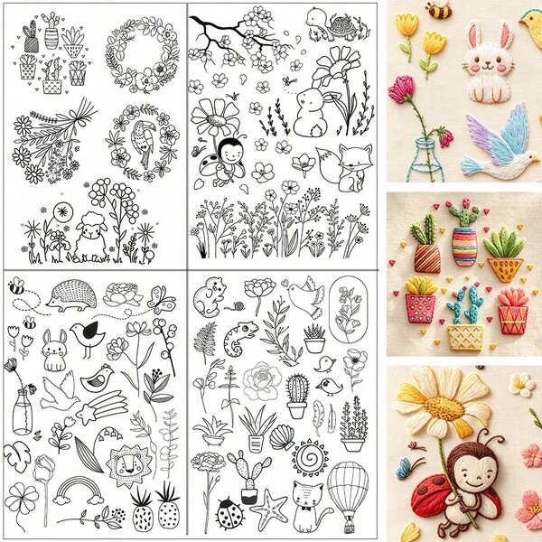Water-Soluble Embroidery Stabilizer Paper, Adhesive Sewing Paper, Mixed Cute Animals, Succulents, Cacti, Daisy Floral Line Art Sketches, Washable Transfer Patterns, Suitable For Beginners