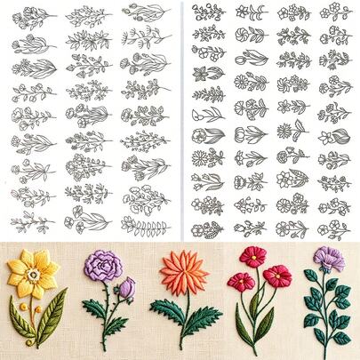 Stick & Stitch Water-Soluble Wash-Away Embroidery Transfer Paper, Pre-Printed Delicate Mixed Wildflower Leaf Plant Fine Line Art Pattern, Suitable For Hand Sewing