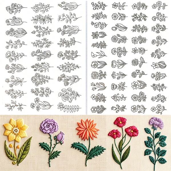 Stick & Stitch Water-Soluble Wash-Away Embroidery Transfer Paper, Pre-Printed Delicate Mixed Wildflower Leaf Plant Fine Line Art Pattern, Suitable For Hand Sewing