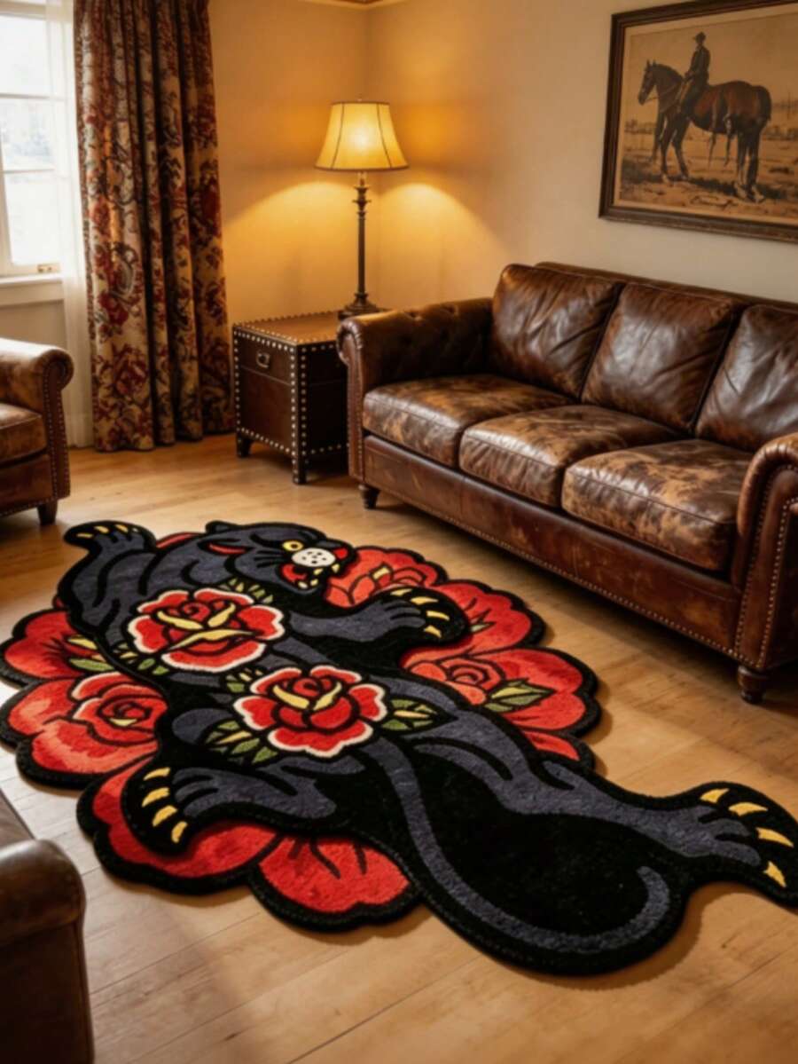 1pc Vintage American Black Leopard Shaped, Red Iron Blood Rose Pattern Carpet, Faux Cashmere 300 Material. Doormat, Small Rug, Welcome Mat, Carpet, Floor Mat, Outdoor Doormat, Kitchen Rug - Multicolor - View 1
