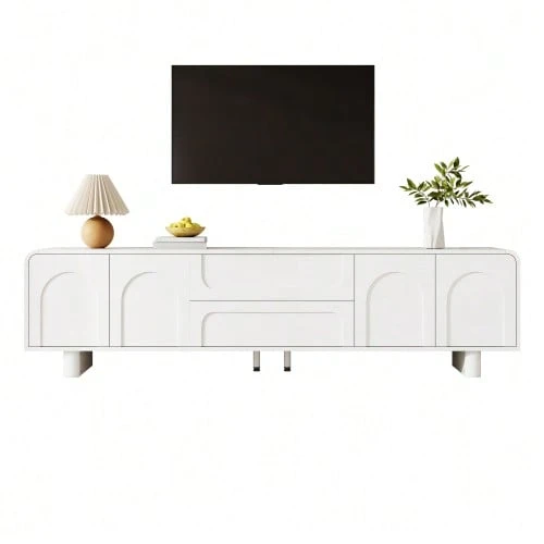 TV Stand, Modern Low TV Cabinet With Rounded Edges, Living Room TV Table, Cabinet With Doors And Drawers, Minimalist Design, Sideboard With Storage - White - View 1