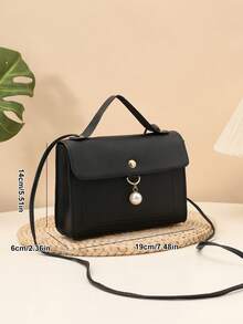 Solid Color Casual Pearl Pendant Small Square Handbag Crossbody Bag - Black - View 2