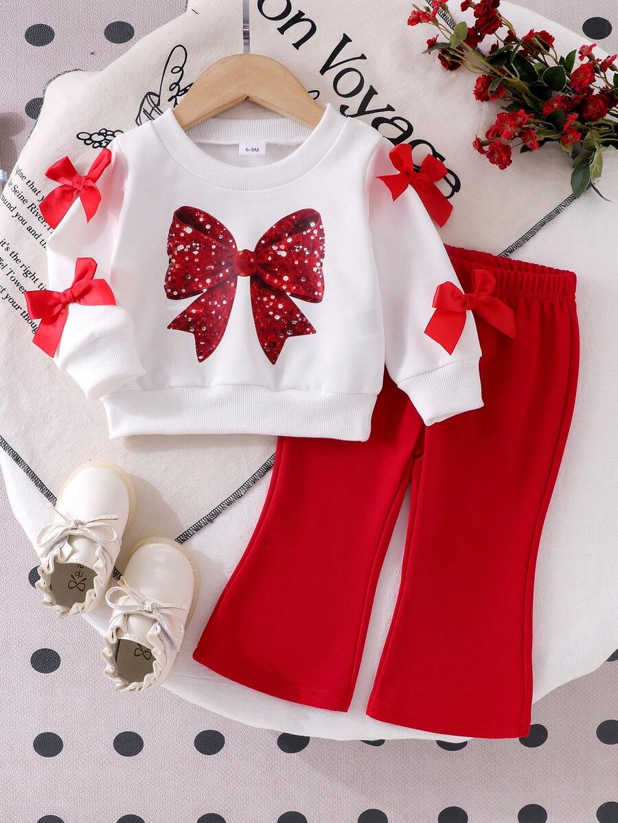 Baby Girl Sweet Academy Casual Style 2-Piece Set, Faux Sequin Large Bow Print Sleeve With Bow Decor Crew Neck Sweatshirt + Bright Red Flared Long Pants - Red - View 1