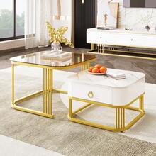 Coffee Table Set: Glossy White Tabletop With Glass Top - 2 Piece Set - 白色 - 查看 1