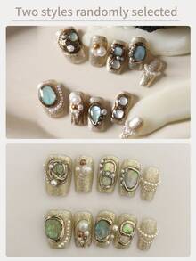 10pcs Vintage Bronze, Industrial Blue Shell, Pearl Cat Eye Reusable Short Fake Nails Set, Includes 1 Adhesive Sticker And 1 Mini Nail File Handmade Press On Nails - Multicolor - View 6