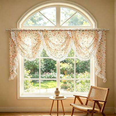1pc American Country Style Butterfly Floral Terylene Printed Water Ripple Curtain, Lace Hollow Scalloped Edge Semi-Sheer Window Sheer, Vintage Atmosphere Living Room Bay Window Decorative Curtain