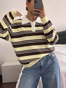 Women's Casual Striped Half-Zip Button Drop Shoulder Long Sleeve Knit Sweater, Vintage Style Fall - Multicolor - View 1