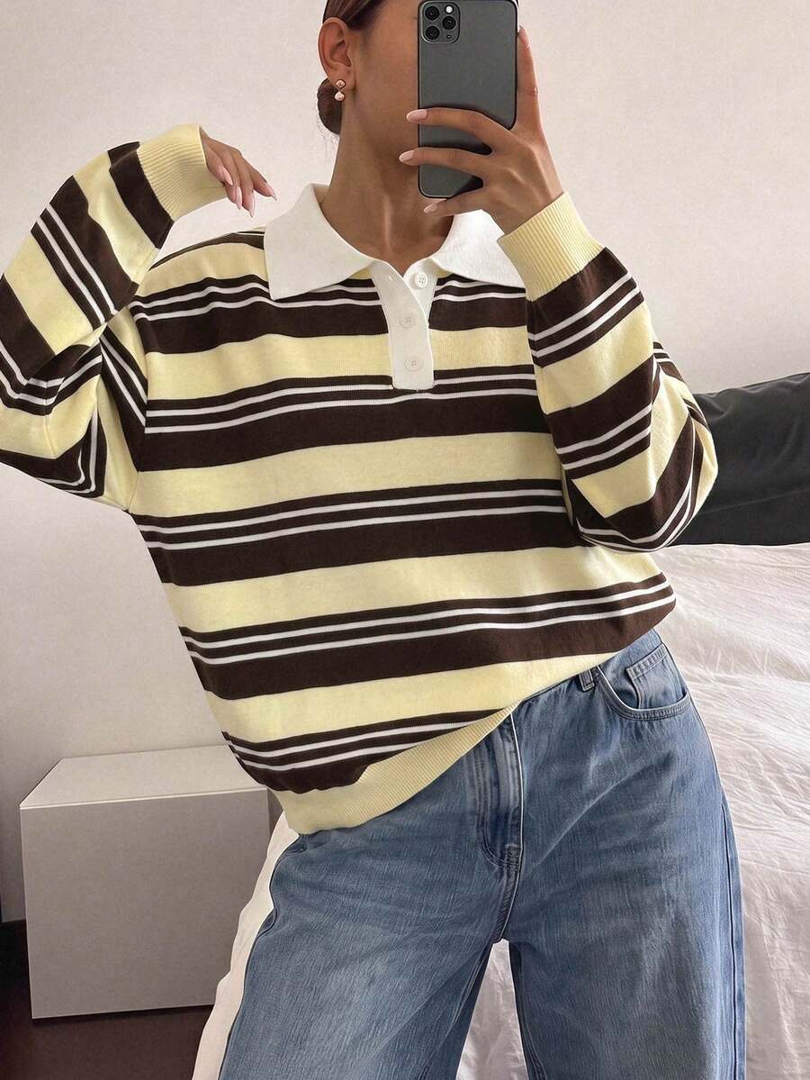 Women's Casual Striped Half-Zip Button Drop Shoulder Long Sleeve Knit Sweater, Vintage Style Fall - Multicolor - View 1