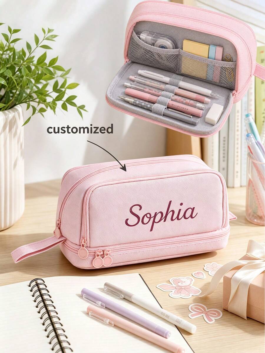 Personalized Pencil Case/Box With Customizable Text; High-Capacity And Multifunctional (Unisex). Suitable For Storing Markers And Portable Stationery. An Ideal Gift For Teachers And Classmates, A Back-To-School Essential,Great Choice For Thanksgiving - Multicolor - View 1