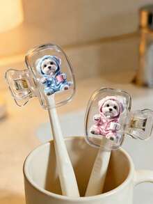 Heart-Shaped Bathrobe Maltese Puppy Brushing Teeth Pattern Toothbrush Head Cover, Storage Box, Toothbrush Protective Cap Holder, Essential Bathroom Accessories For Home And Business Travel, Daily Use And Outdoor Travel, Portable Toothbrush, Back To School Gift - Multicolor - View 6