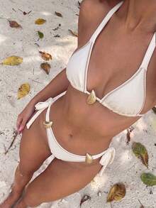 Bikinx 2件組女款時尚性感金屬亮片裝飾按扣比基尼泳衣套裝，舒適度假沙灘白色夏季泳裝 - 白色 - 查看 10