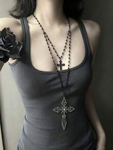 rundraw 1pc Women's Necklace, Silver Metal, Large And Small Cross With Micro-Inlaid CZ, Gothic Dark Style, Suitable For Daily Commute And Halloween Outfit - Black - View 2