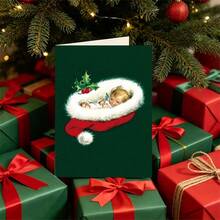 1 Greeting Card + 1 Envelope Adorable Christmas Greeting Card, Sleeping Figure In Hat With Holly Text Season Greetings, Perfect For Friends, Winter Holiday Vintage Style Card. - Yellow Envelope - View 6