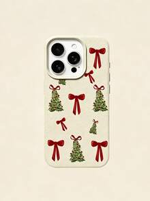Fashionable Cute Christmas Beige Litchi Texture Red Bow Christmas Tree Pattern Phone Case, Compatible With IPhone18/18Pro/18ProMax/17/17Pro/17ProMax/16/16Pro/16ProMax/15/14/13/12/11 - Beige - View 5