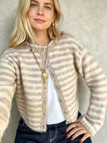 Cardigan Sweater Rajut Lengan Panjang Wanita Kerah Bulat, Garis-garis Warna Kontras, Kancing, Lembut, Kasual, Modis, Serbaguna, Gaya Jalanan Vintage Sehari-hari - MultiWarna - View 2