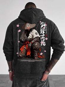 Men's Autumn/Winter Japanese Samurai National Style Illustration Print Hoodie With Drawstring - Black - View 1