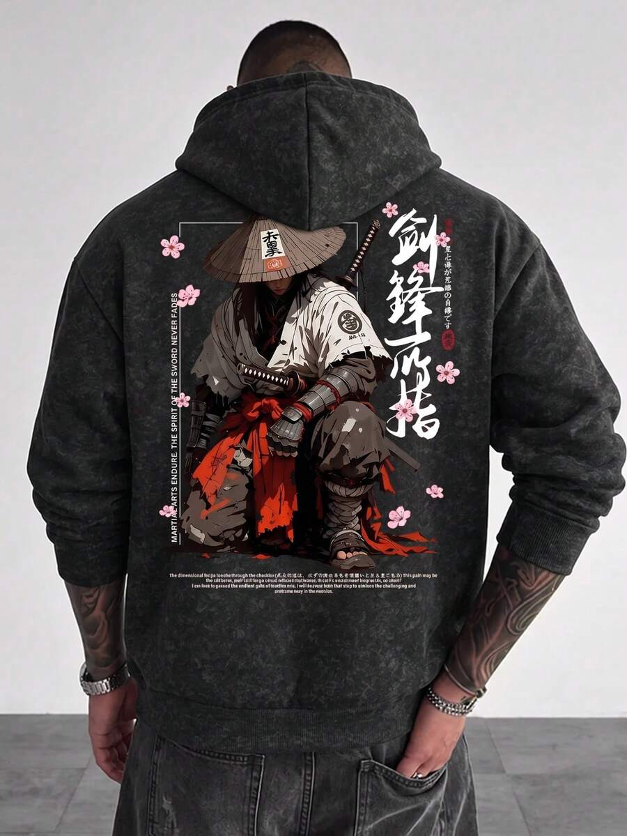Men's Autumn/Winter Japanese Samurai National Style Illustration Print Hoodie With Drawstring - Black - View 1