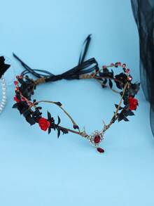 Crescent Moon Red Rose Witch Flower Crown Black Leaf Branch Headpiece Gothic Forest Witch Halloween Dark Bridal Head Accessory - Red - View 3