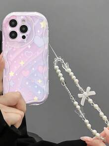 1pc Cream Dopamine Wave Ruffle Soft TPU Texture Creative Personalized Rainbow Gradient + Pearl Chain Phone Case Compatible With Galaxy S21 S22 S23 S24 S25 S26/Honor/ And More Models - Clear - View 1