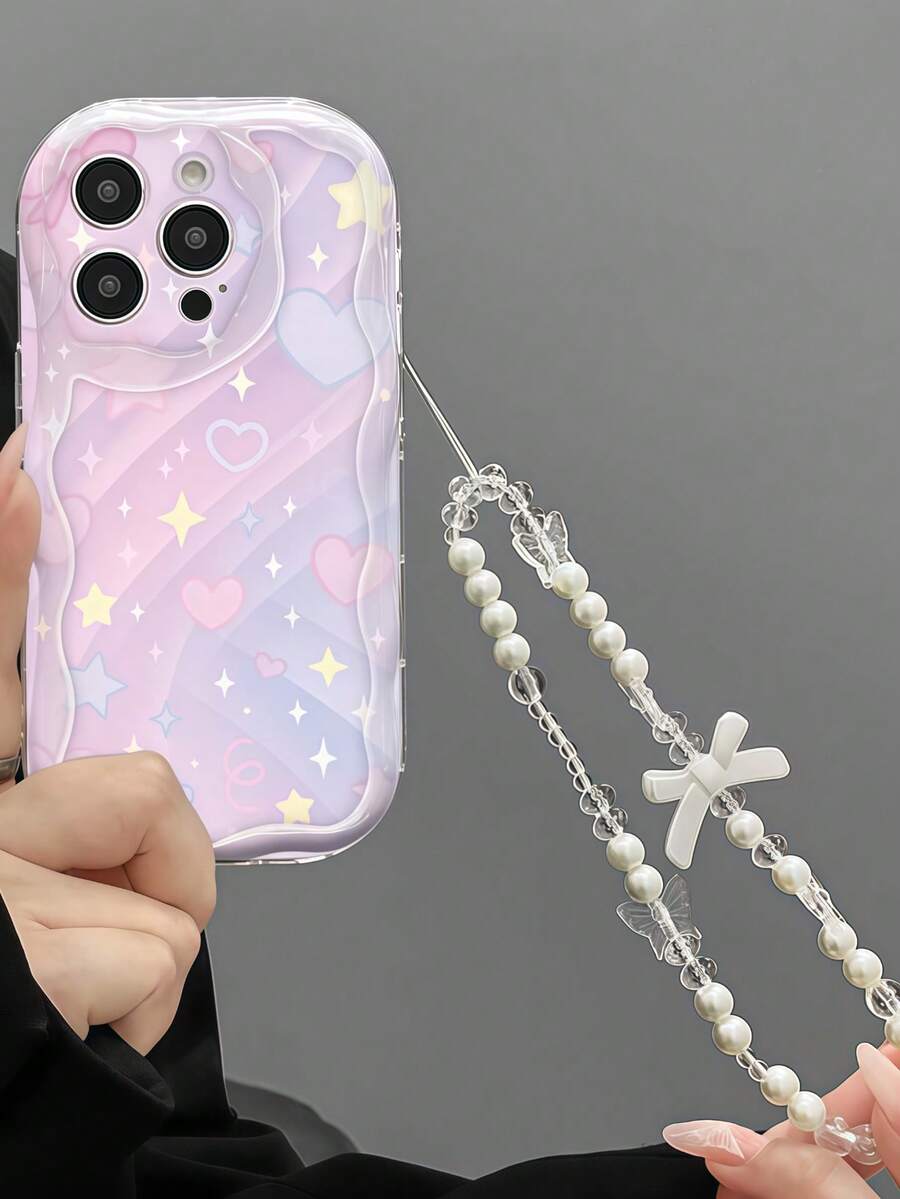1pc Cream Dopamine Wave Ruffle Soft TPU Texture Creative Personalized Rainbow Gradient + Pearl Chain Phone Case Compatible With Galaxy S21 S22 S23 S24 S25 S26/Honor/ And More Models - Clear - View 1