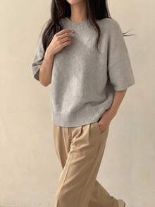 Light Gray Round Neck Short Sleeve Knit Sweater For Women, Loose Drop Shoulder Soft Short Sweater, Spring Summer Versatile Layering All-Match Inner Top - Light Grey - View 3