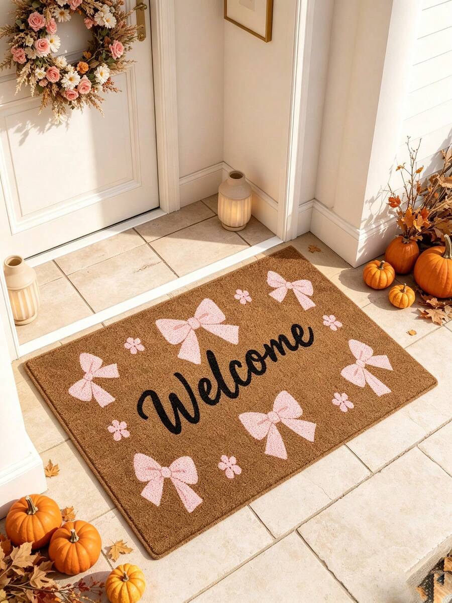 1pc Welcome Bowknot Entrance Doormat, Entryway Foot Mat, Home Hallway Doorway Rug, Home Decor, Door Mat, Small Carpet, Welcome Mat, Rug, Floor Mat, Outdoor Doormat, Kitchen Rug, Home Decor