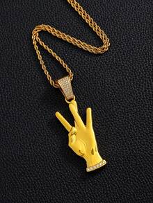 Victory Hand Gesture Rhinestone Pendant Cuban Necklace, Personalized Palm Charm, American Hip-Hop Street Style Gold/Silver Color Couple Matching Accessory - Gesture Pendant Necklace - View 14