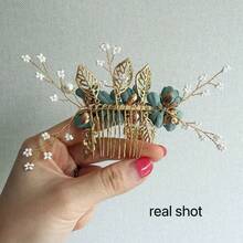 1pc Vintage Gold Wire Light Green Flower Faux Pearl Beaded Handmade Hair Comb Headpiece, Boho Bridal Headdress, Suitable For Weddings, Bridesmaids, Galas, Birthday Parties, Summer - Green - View 8