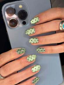 30pcs Y2K Short Oval Cat Eye Press-On Nails, Grass Green Nails With Polka Dot Pattern, Acrylic Fake Nails Set, Includes 1pc Jelly Glue And 1pc Nail File - Multicolor - View 1
