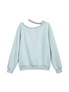 Fashion Minimalist Sky Blue Versatile Casual Design Asymmetrical Shoulder Long Sleeve Sweatshirt - Blue - View 7