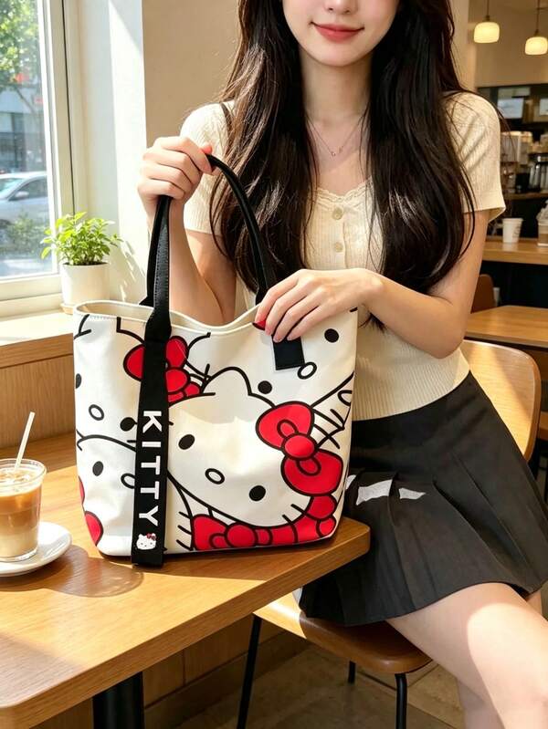 1pc Sanrio Princess Style Tote Bag - A Large And Durable Canvas Bag With Pink Bow And Heart Pattern. Perfect For Holiday Events, Festive Occasions And Daily Use, Wallet And Handbag, Sturdy Support Structure, Ideal For Thanksgiving Celebration, Christmas And Halloween, Holiday Gift, Party Accessory