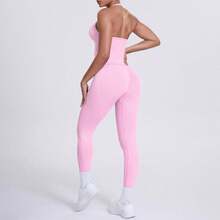 2pcs Women's Fitness Workout Set, Seamless Yoga Halter Top, High Waist Butt-Flattering Leggings, Gym Training Sportswear Pink - Pink - View 8