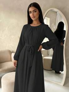 1 buah Gaun Muslim Lembut, Desain Kerah Berkerut dengan Sabuk Pinggang untuk Menonjolkan Bentuk Tubuh, Abaya Klasik Serbaguna Cocok untuk Siapa Saja - MultiWarna - View 20