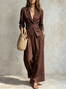 Women's 2-Piece Faux Suit Set, Lapel Waist-Tie Cropped Blazer With High-Waist Pleated Wide-Leg Pants, Elegant Casual Commute Outfit - Coffee Brown - View 8