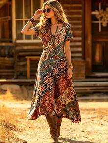Plus Size Women's Retro Western V-Neck Floral Print Short Sleeve Casual Dress, Spring/Summer Elegant - Blue - View 4