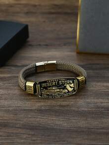 Vintage Workwear Style Woven Paracord Bracelet, Antique Embossed Metal Nameplate Magnetic Bangle, Fashion Jewelry For Men Daily Wear - Style 1 - View 5