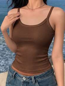 女款休閒百搭素色修身細肩帶背心 - 棕色 - 查看 4