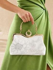 Elegant Ivory Floral Embroidered Evening Bag, Women's Rhinestone Ring Clasp Top Handle Clutch Purse For Wedding Party & Prom - Ivory - View 1